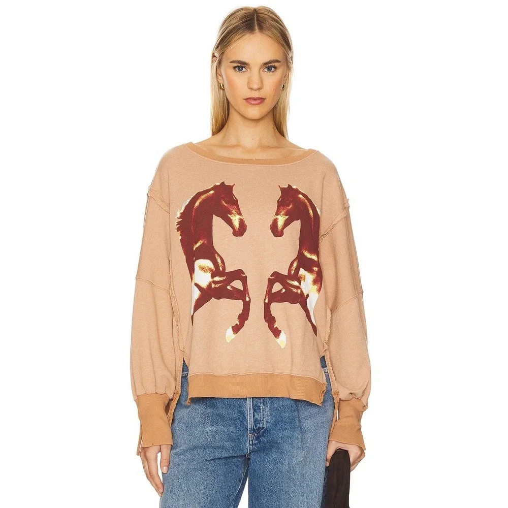 NEW We The Free People Oversized Camden Crew Sweatshirt Mirrored Horses Large/L
